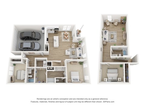A 3D floor plan of a house with two bedrooms, two bathrooms, a living room, a kitchen, and a garage.